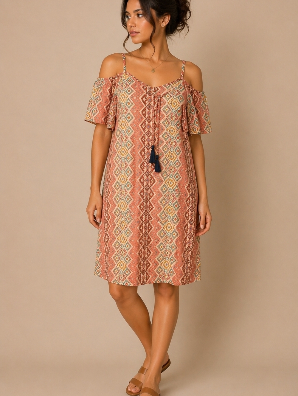 Vtg R CINCO RANCH Pink Southwestern Aztec Cowgirl Cold Shoulder Festival Dress